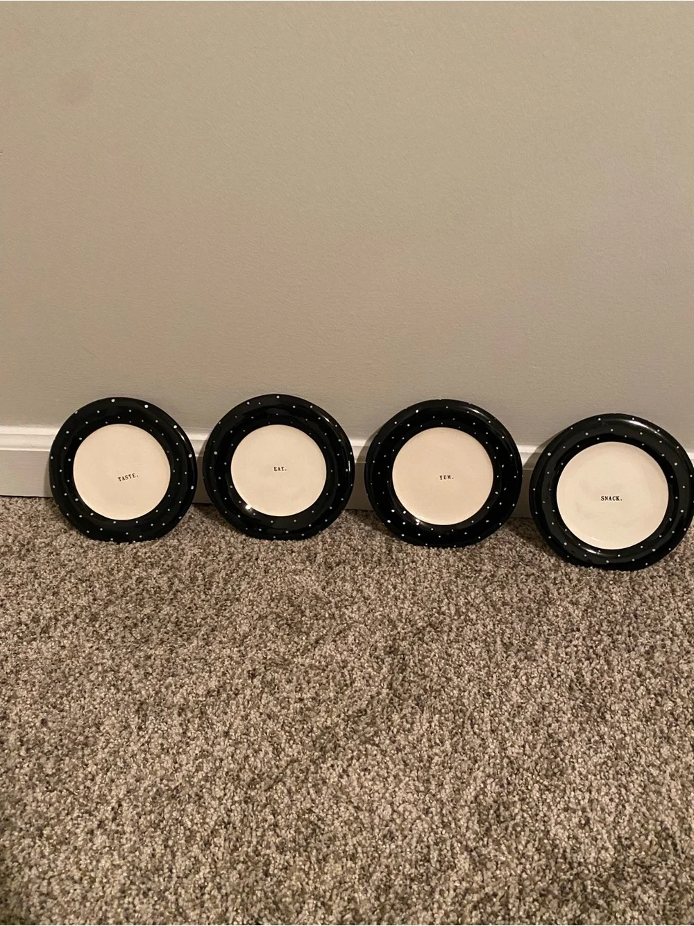 RAE DUNN Set Of 4 Black Polka Dot Accent Snack Plates